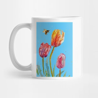 Tulip Flower Watercolor Painting and Bee on Blue Mug